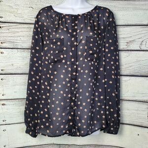 LOFT Women’s L Sheer Black Floral Blouse Long Sleeve Button Front Lightweight To